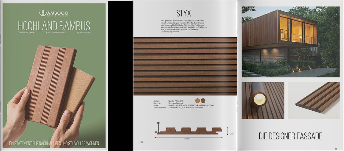 Neuer Katalog: Titel „Hochland Bambus“ und Doppelseite zur Fassade STYX