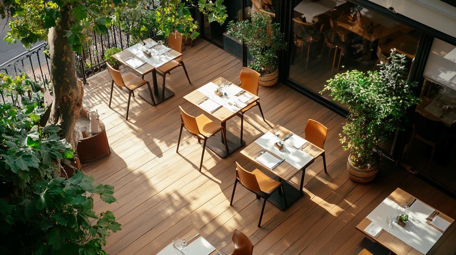 KI-Bild: Restaurantterrasse mit AMBOOO-Dielen, von oben